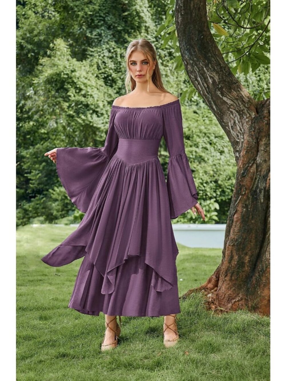 Women's Purple Renaissance Maxi Dress Off Shoulder Bell Long Sleeve Halloween - Picture 2 of 7
